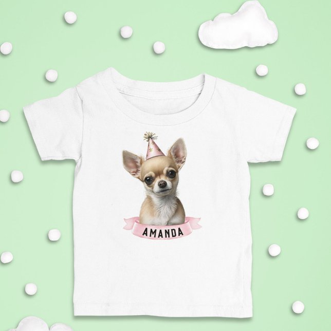 Cute Chihuahua Rosa Party Hat Girly med Namn T Shirt (Skapare uppladdad)