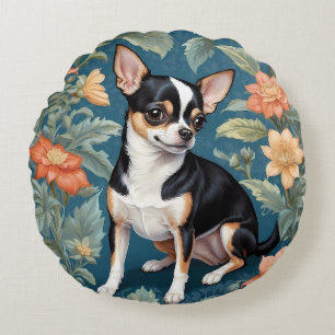 Cute Chihuahua William Morris Inspired Blommigt Rund Kudde