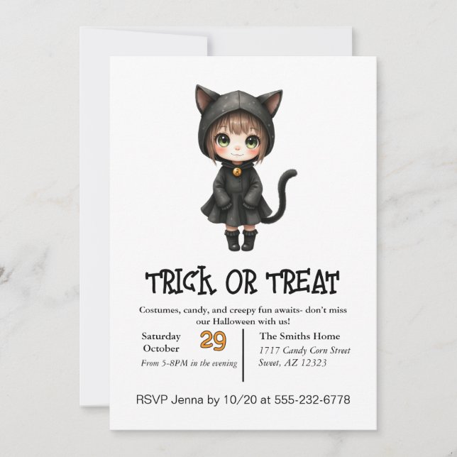 Cute Child Cat on Halloween in Costume Inbjudningar (Framsida)