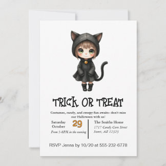 Cute Child Cat on Halloween in Costume Inbjudningar