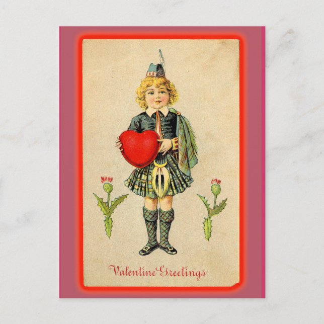 Cute Child in Kilt Victorian Valentine Card Helg Vykort (Framsida)