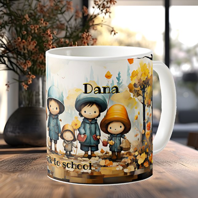 Cute Children Back to school Mugg (Mug featuring children going back to school in a fall landscape with flowers and butterflies)