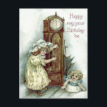 Cute Children Grandfather Clock Kitten Vykort<br><div class="desc">Skicka ett unikt födelsedagskort till någon i år! Den här vintagen på födelsedagskortet visar söta barn som öppnar en farfar Clock och hittar en kattunge.</div>