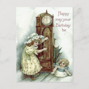 Cute Children Grandfather Clock Kitten Vykort