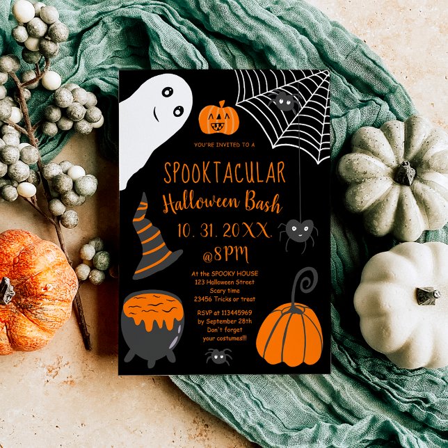 Cute children orange Halloween-illustrationer part Inbjudningar (Cute kids orange Halloween illustrations party Invitation)