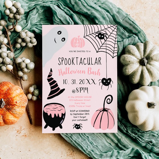 Cute children rosa Halloween-illustrationer party Inbjudningar (Cute kids pink Halloween illustrations party Invitation)