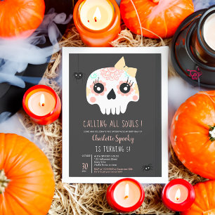 Cute children Skull rosa bow Halloween 5-födelseda Inbjudningar