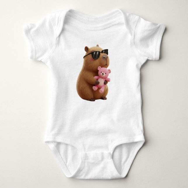 Cute Chill Capybara Hugging Teddy Bear  T Shirt (Framsida)