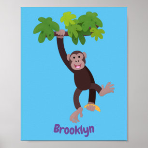 Cute chimpans i tecknaden för hängning av djungeln poster