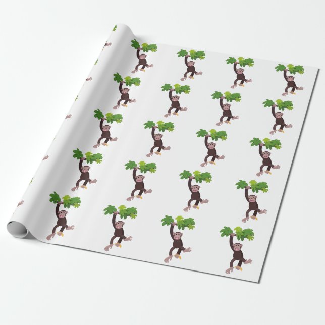 Cute chimpans i tecknaden för hängning av djungeln presentpapper (Utrullad)
