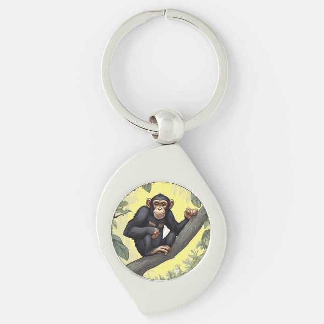 Cute chimpans på greeterna i gren swirl silverfärgad nyckelring (Framsidan)