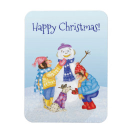 Cute chimpar som bygger en snögubbe-magnet magnet