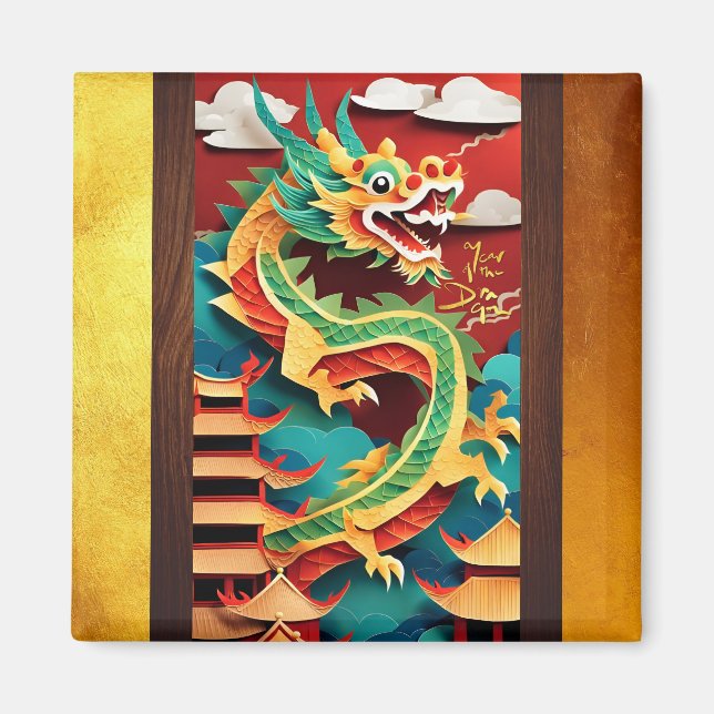 Cute Chinese Dragon Year Birthday Origami SqM Magnet (Framsidan)