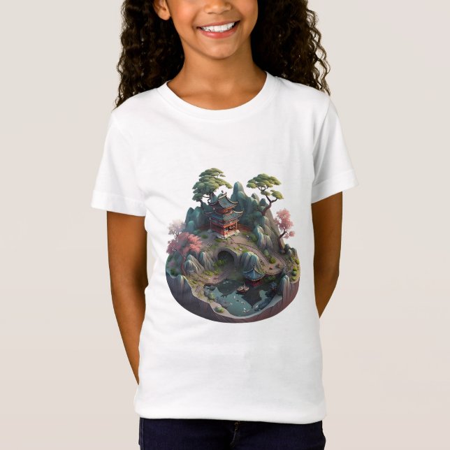 Cute Chinese Fantasy 3D Landscape Girl's T-shirt (Framsida)