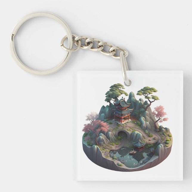 Cute Chinese Fantasy 3D liggande Square Keychain (Framsidan)