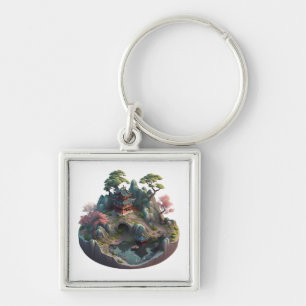 Cute Chinese Fantasy 3D liggande Square Keychain Fyrkantig Silverfärgad Nyckelring