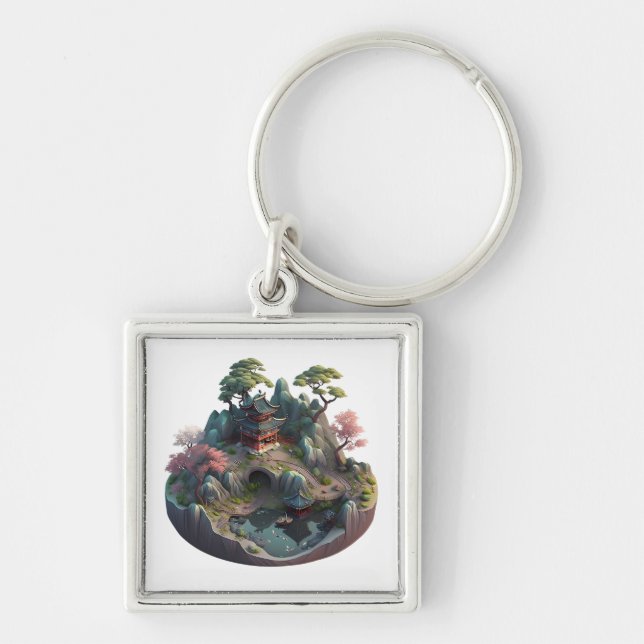 Cute Chinese Fantasy 3D liggande Square Keychain Fyrkantig Silverfärgad Nyckelring (Framsidan)