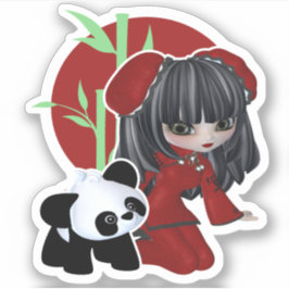 Cute Chinese Girl with Panda and Bamboo Klistermärken