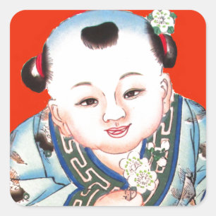 Cute Chinese Laughing Lycka till Buddha on red Fyrkantigt Klistermärke