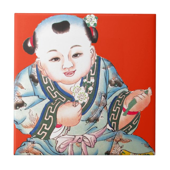 Cute Chinese Laughing Lycka till Buddha on red Kakelplatta (Framsidan)