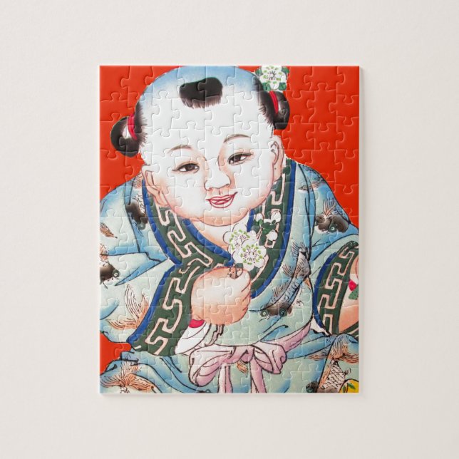 Cute Chinese Laughing Lycka till Buddha on red Pussel (Vertikal)