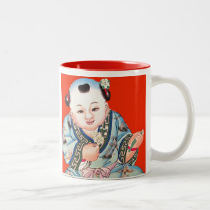 Cute Chinese Laughing Lycka till Buddha on red Två-Tonad Mugg