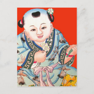 Cute Chinese Laughing Lycka till Buddha on red Vykort