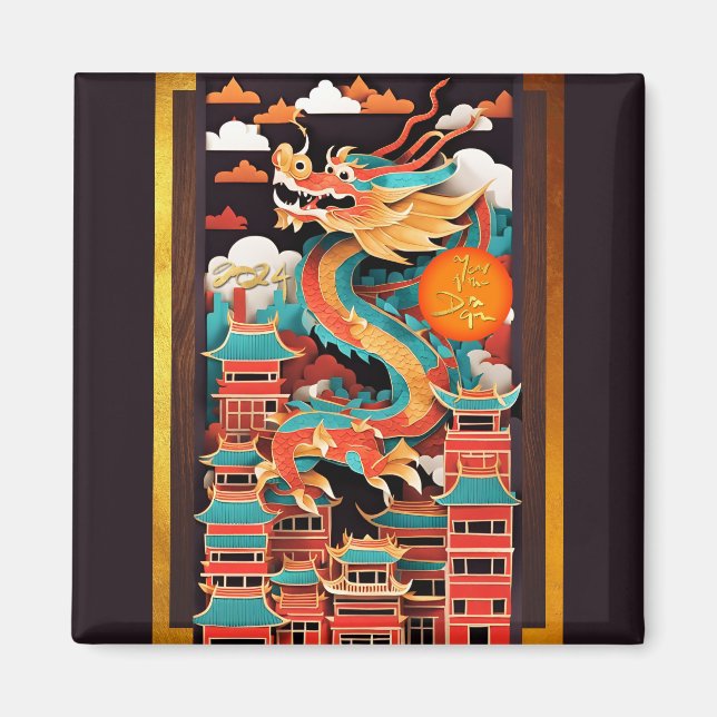 Cute Chinese New Year Dragon Origami SqM2 Magnet (Framsidan)
