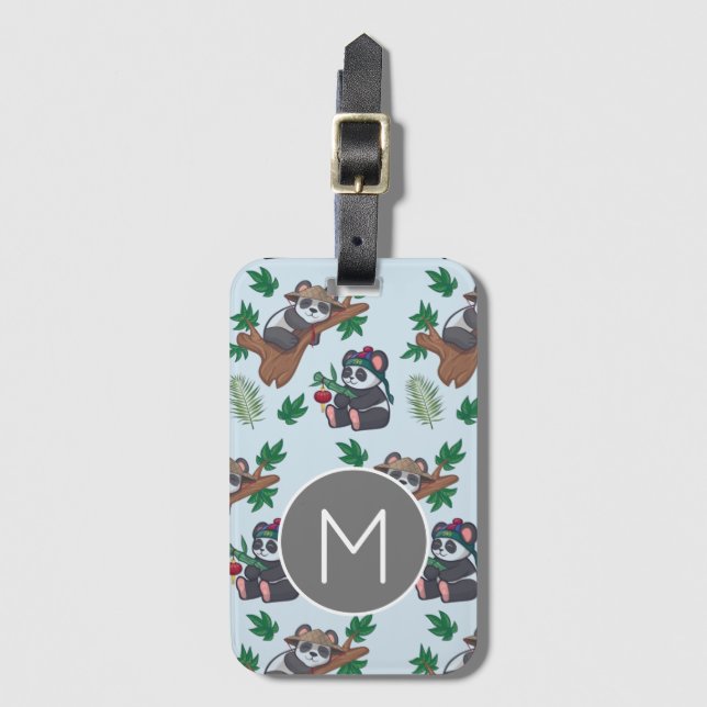 Cute Chinese Pandas Pattern Monogram Bagagebricka (Framsida vertikal)