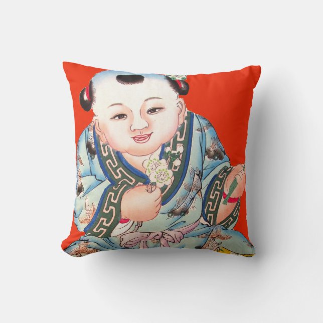 Cute Chinese Red skrattade Buddha Asian Art Kudde (Framsida)