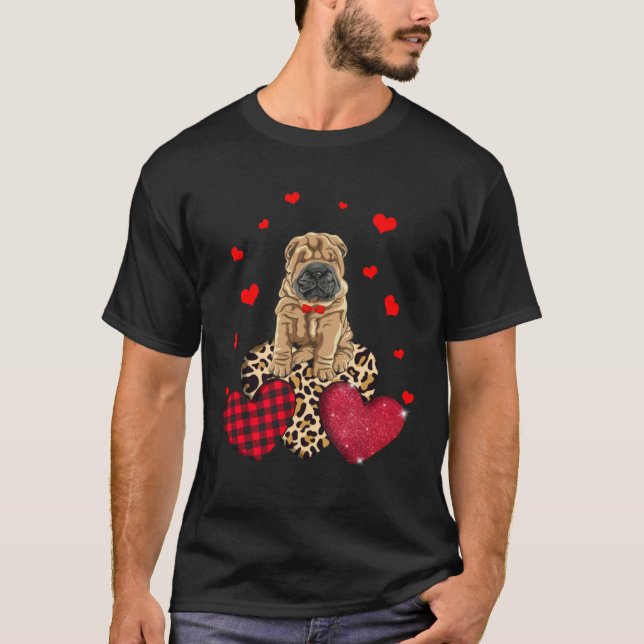 Cute Chinese Shar Pei With Leopard Red Plaid Heart T Shirt (Framsida)