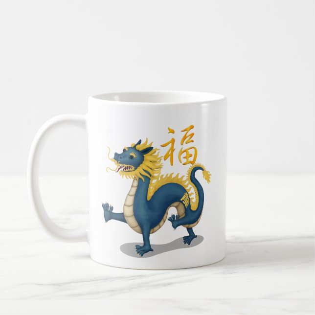Cute Chinese Zodiac Dragon "Fortune" White Kaffemugg (Vänster)