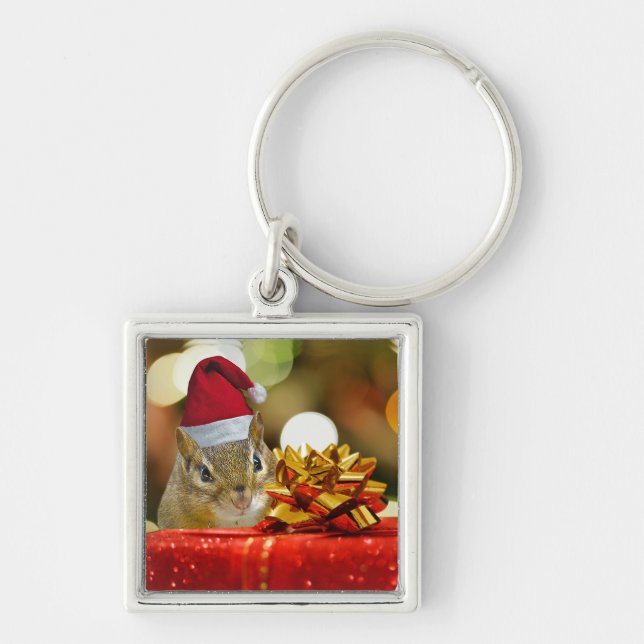 Cute Chipmunk God jul Fyrkantig Silverfärgad Nyckelring (Framsidan)