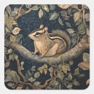 Cute Chipmunk i William Morris Stil Forest Fyrkantigt Klistermärke