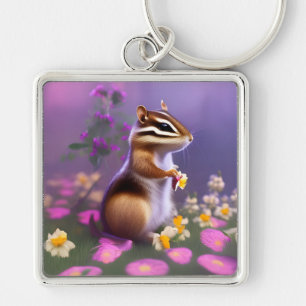 Cute Chipmunk in Flowers Fyrkantig Silverfärgad Nyckelring