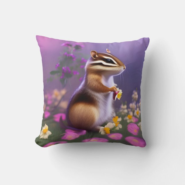 Cute Chipmunk in Flowers Kudde (Framsida)