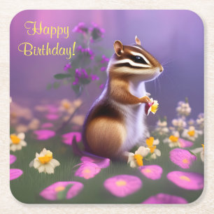 Cute Chipmunk in Flowers Underlägg Papper Kvadrat