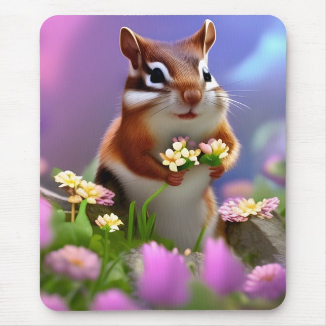 Cute Chipmunk med blommor Musmatta (Framsidan)