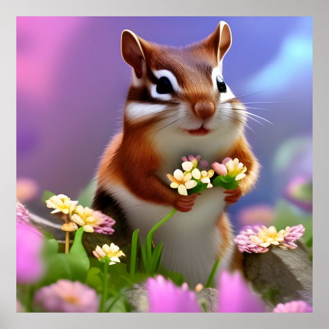 Cute Chipmunk med blommor Poster (Framsidan)