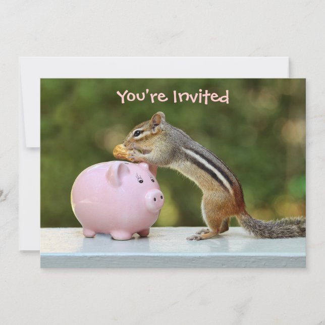 Cute Chipmunk med finansen Piggy Bank Bild Inbjudningar (Framsida)