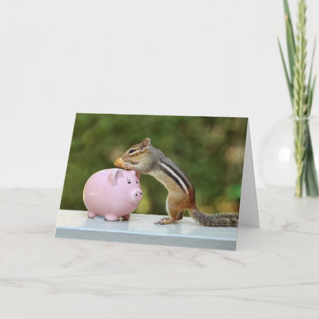 Cute Chipmunk med Funny Money Piggy Bank Bild Kort (Framsida)