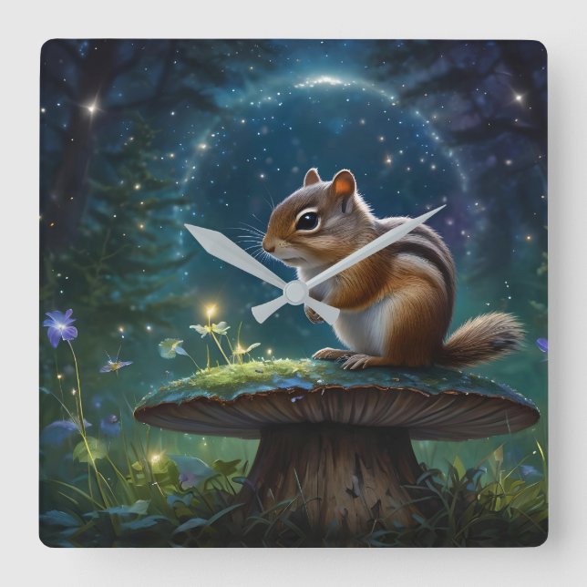 Cute Chipmunk på Mushroom i Moonlight Fyrkantig Klocka (Framsida)