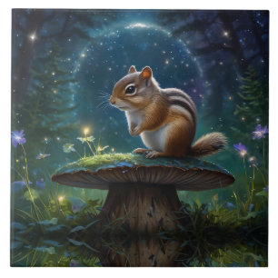 Cute Chipmunk på Mushroom i Moonlight Kakelplatta