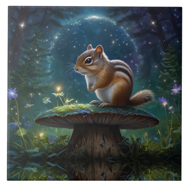 Cute Chipmunk på Mushroom i Moonlight Kakelplatta (Framsidan)