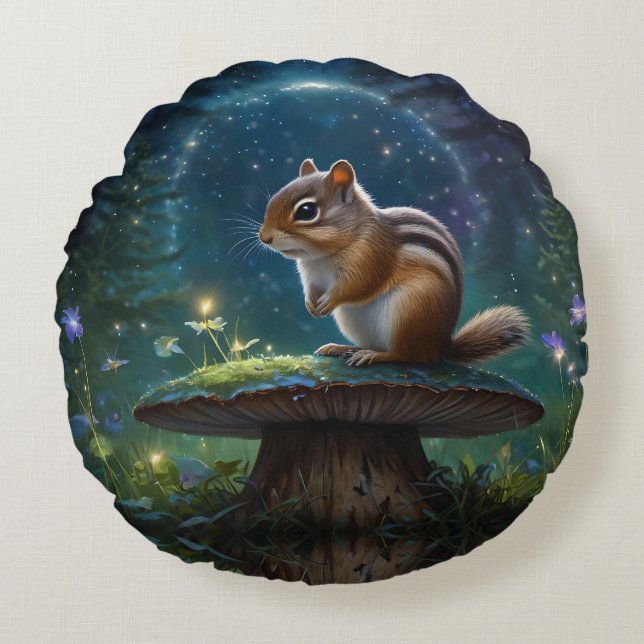Cute Chipmunk på Mushroom i Moonlight Rund Kudde (Framsidan)