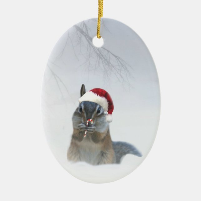 Cute Chipmunk Santa med Candy cane Julgransprydnad Keramik (Framsidan)