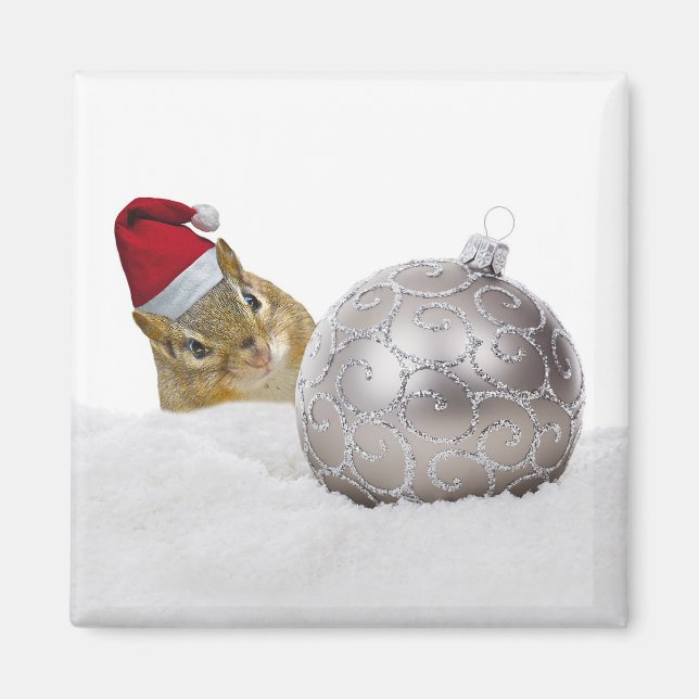 Cute Chipmunk Silver och Snö jul Helgdag Magnet (Framsidan)