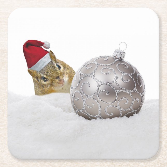 Cute Chipmunk Silver och Snö jul Helgdag Underlägg Papper Kvadrat (Framsidan)