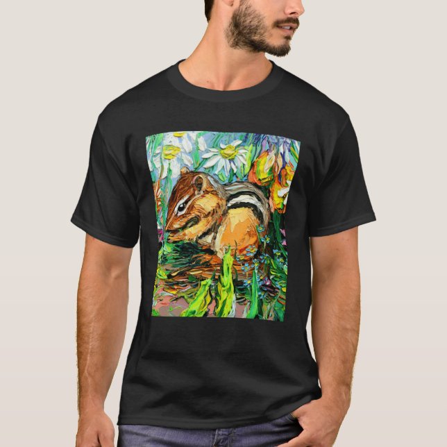 Cute Chipmunk Spring Flowers Animal Impressionist  T Shirt (Framsida)
