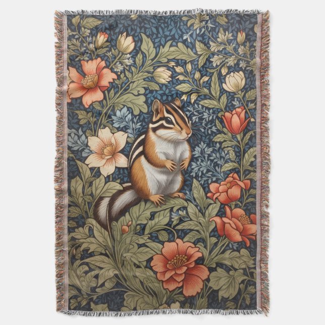Cute Chipmunk William Morris Inspired Blommigt Filt (Framsidan Vertikal)